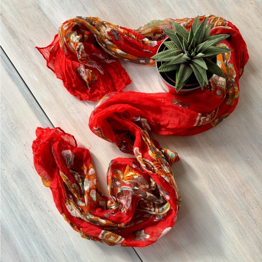 Red Multi-Coloured Pattern Scarf - Picture 7 of 11